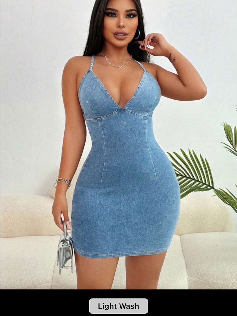 Light Wash Denim Bodycon Dress with Spaghetti Straps         #8166